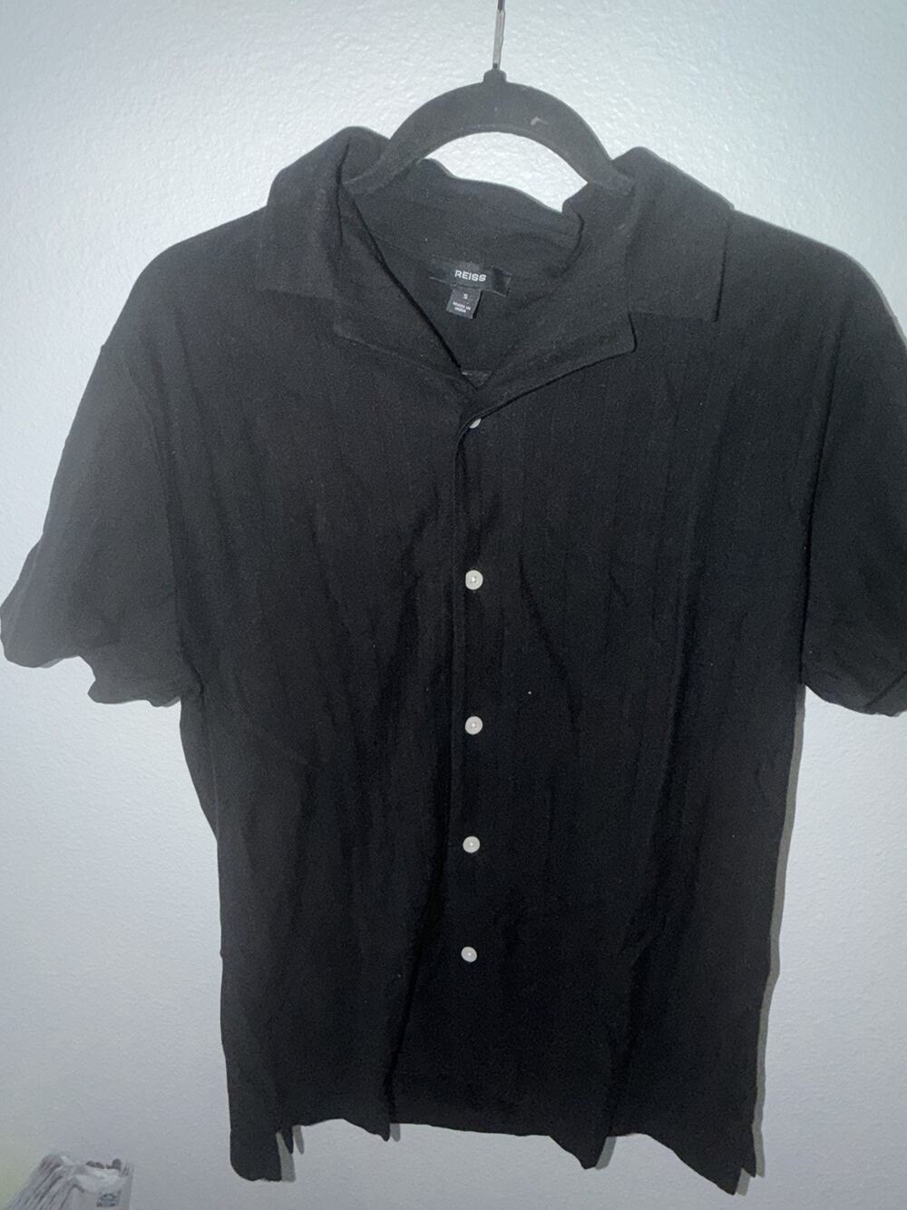 REISS BLACK SMALL MENS COLLARED TEXTURED SHORT SLEEVE DRESS SHIRT (AI22)